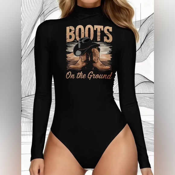 Tops - Chic Black Graphic Boots on the Ground Bodysuit with Boots Design